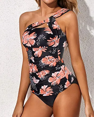 Chubby Girls & Young Moms Two Piece Tankini Bathing Suits For Women-Black Orange Floral