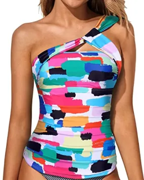 Classy Ruched Bathing Suit Top Asymmetric Cut Tankini Top-Aqua