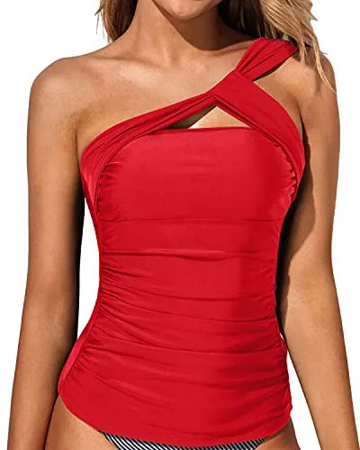 Classy Ruched Tankini Top Asymmetric Cut Swim Tops-Red