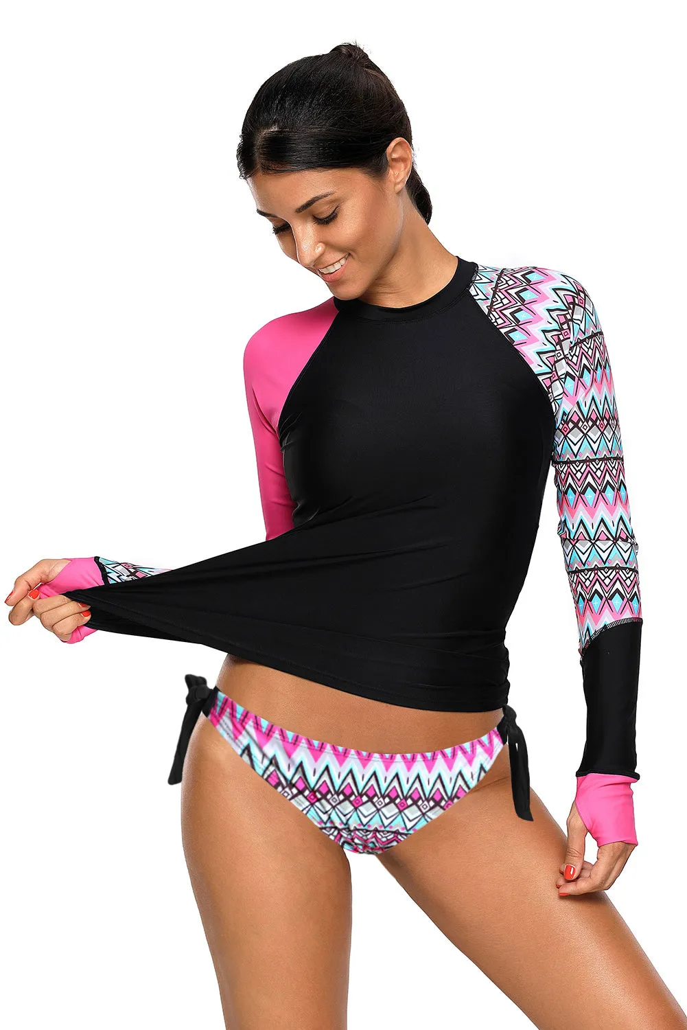 Contrast Rosy Black Detail Long Sleeve Tankini Swimsuit