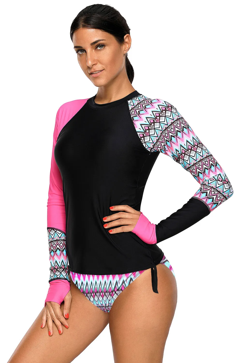 Contrast Rosy Black Detail Long Sleeve Tankini Swimsuit