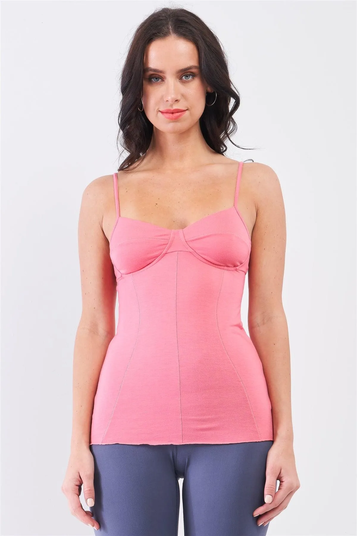 Coral Pink Sleeveless V-Neck Stitching Basic Camisole