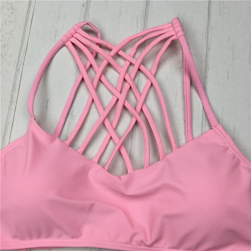 cut out Bikinis Sexy pink bandage cut out Halter bikini swimsuit women cross Women's swimwear swimming suit