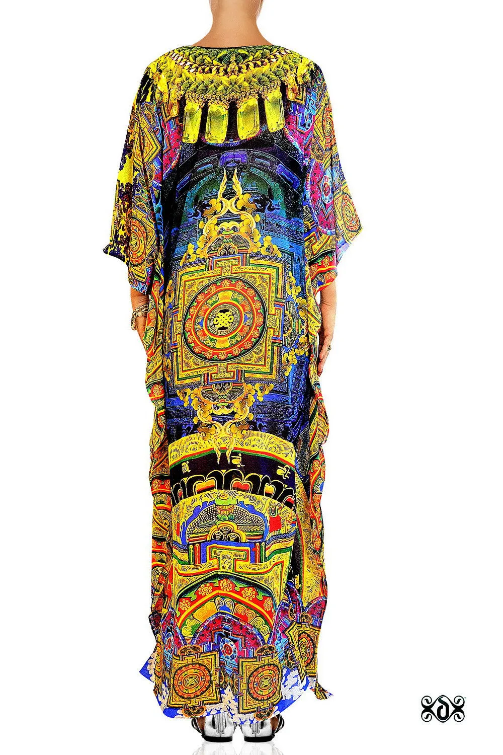 Devarshy Navy Artistic Tibetan Thangka Crystals Embellished Long Kaftan - 1065B