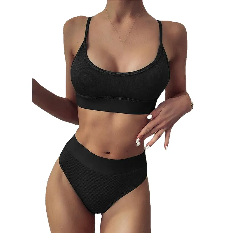 Fashionable Hot Girls' High Waist Push Up Swimwear Solid Color