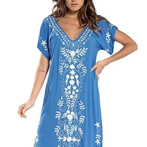 Floral Embroidery Long V-neck Kaftan