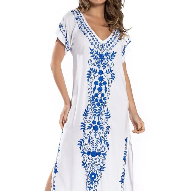 Floral Embroidery Long V-neck Kaftan