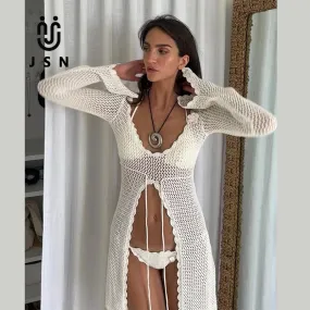 Front Slit Short Dress With Ruffles Bikini Beachwear Swimsuit For Women Sexy Summer Knitted Mesh Crochet Beach Cover Up