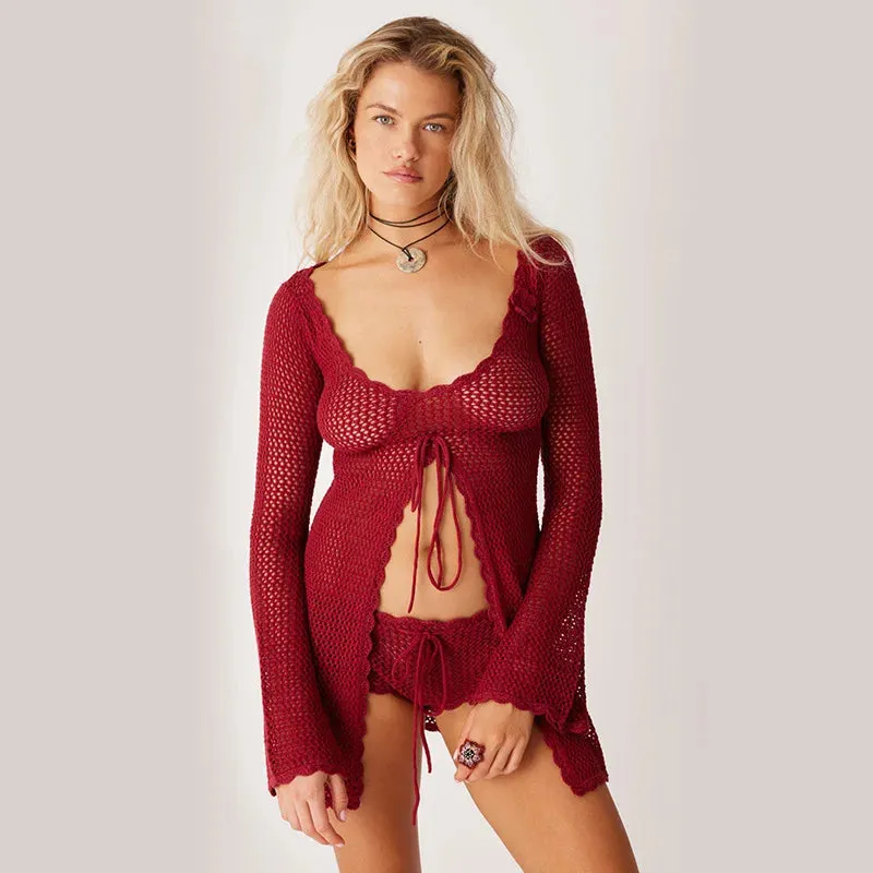 Front Slit Short Dress With Ruffles Bikini Beachwear Swimsuit For Women Sexy Summer Knitted Mesh Crochet Beach Cover Up