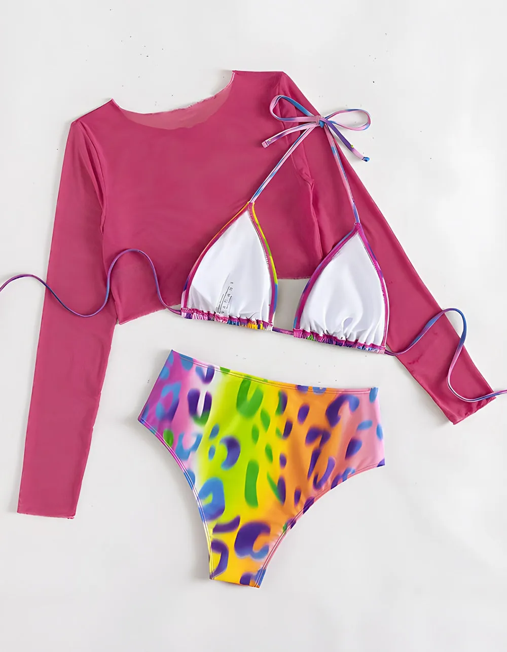 Gradient Leopard Printed Long Sleeve Three-Piece Bikini Swimwear Sets