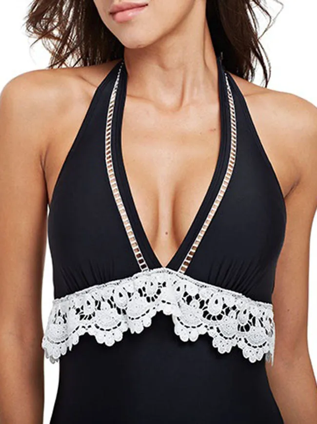 Halter Neck High Waist Deep V Backless Hollow Lace Swimsuit