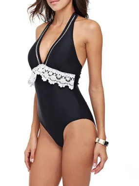 Halter Neck High Waist Deep V Backless Hollow Lace Swimsuit