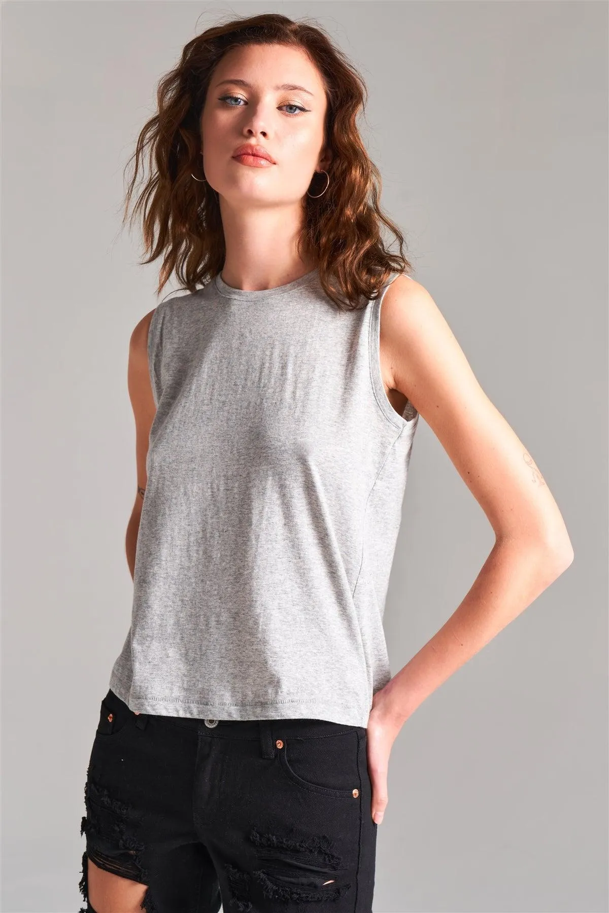 Heather Grey Solid Sleeveless Round Neck Basic Tank Top /2-1-1-2