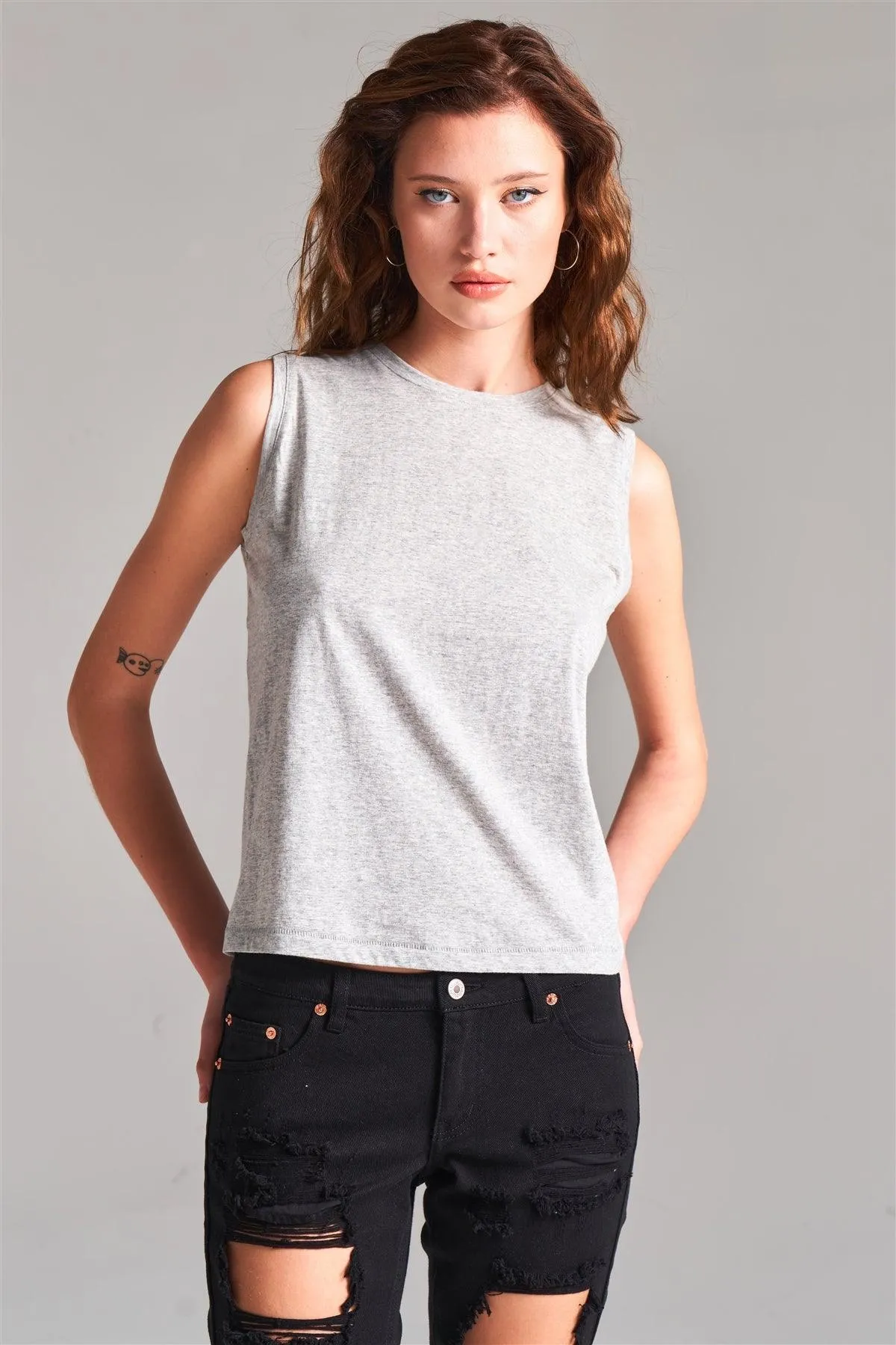 Heather Grey Solid Sleeveless Round Neck Basic Tank Top /2-1-1-2