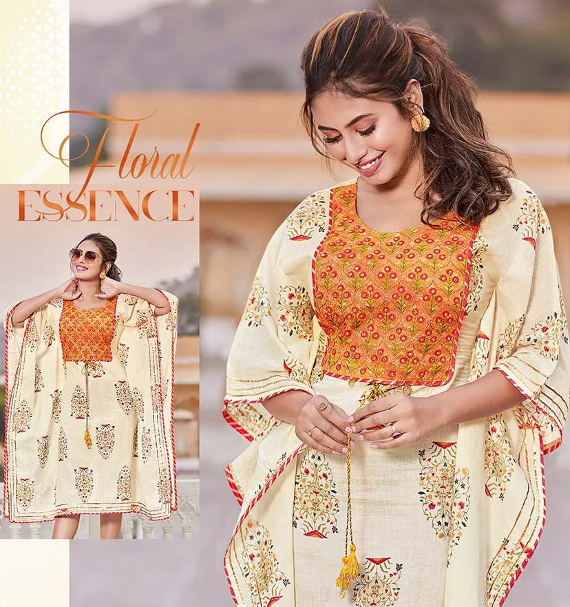 Kajal Style Cotton Kaftans Dress with Fancy Embroidery for Women