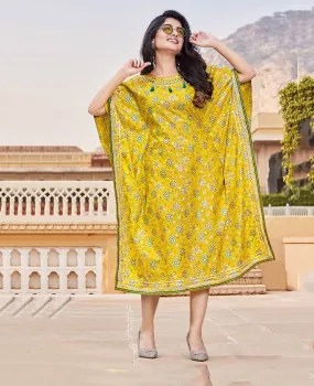 Kajal Style Cotton Yellow Kaftans with Fancy Embroidery for Women