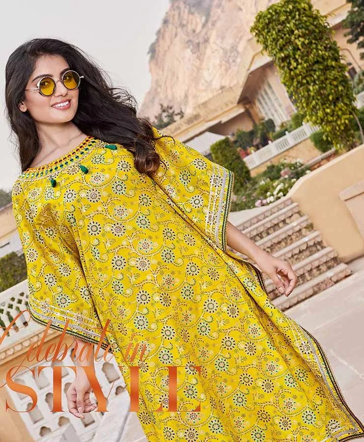 Kajal Style Cotton Yellow Kaftans with Fancy Embroidery for Women