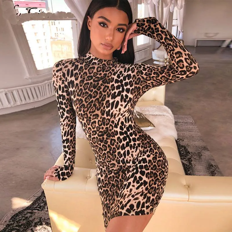 Long Sleeve High Neck Leopard Print Sexy Dress