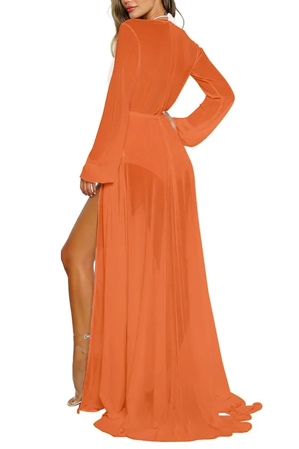 Long Sleeve Sheer Mesh Maxi Beach Cover Up For Women