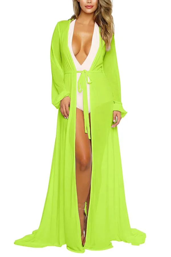 Long Sleeve Sheer Mesh Maxi Beach Cover Up For Women