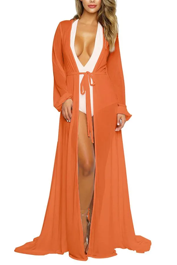 Long Sleeve Sheer Mesh Maxi Beach Cover Up For Women