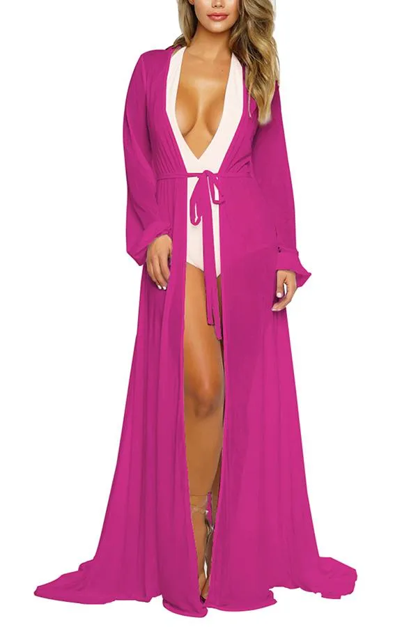 Long Sleeve Sheer Mesh Maxi Beach Cover Up For Women