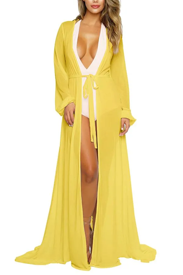 Long Sleeve Sheer Mesh Maxi Beach Cover Up For Women