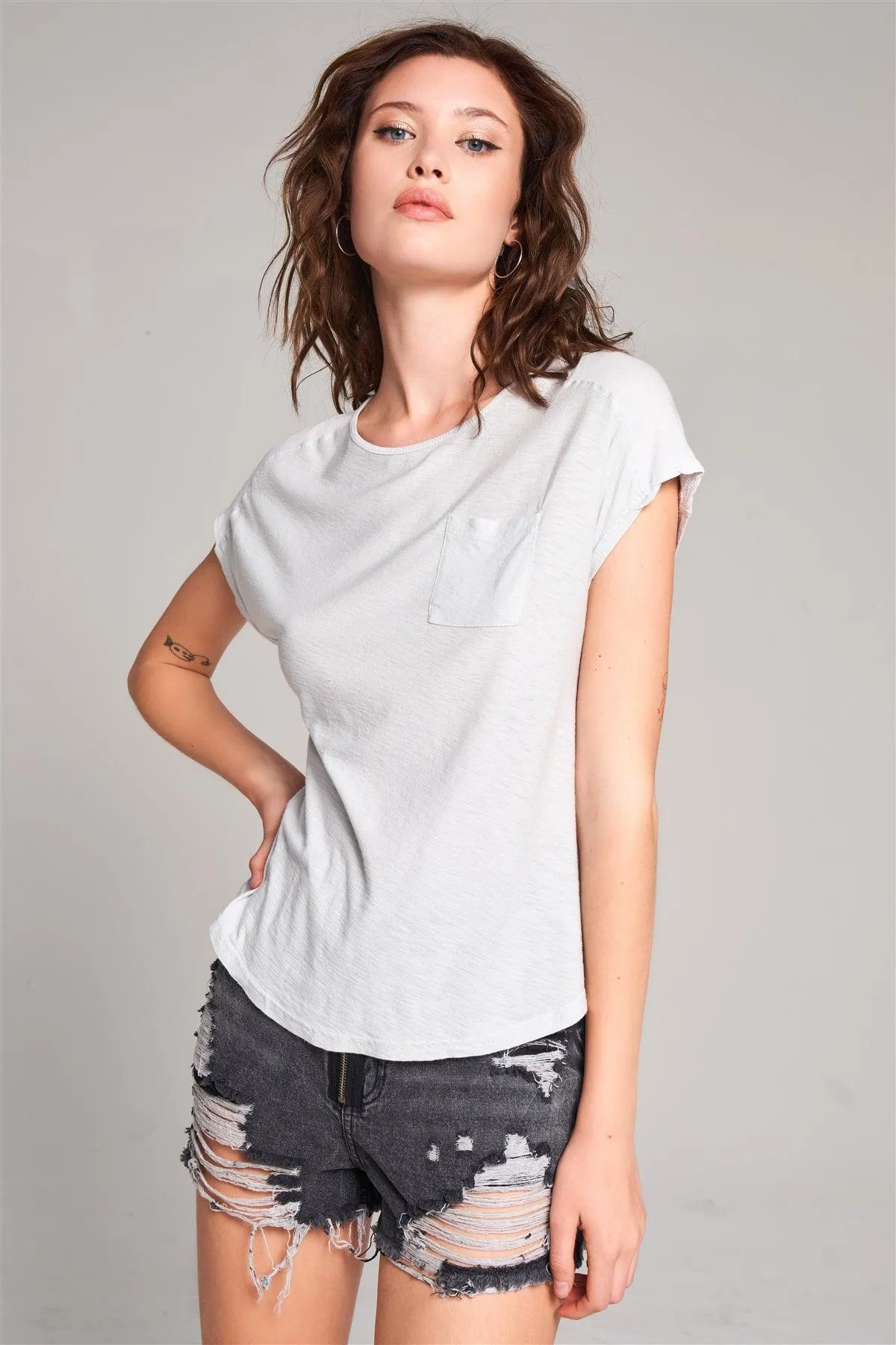 Moonshine Grey Ribbed Shoulder Round Neck Chest Pocket Detail Relaxed Tee /1-2-2-1