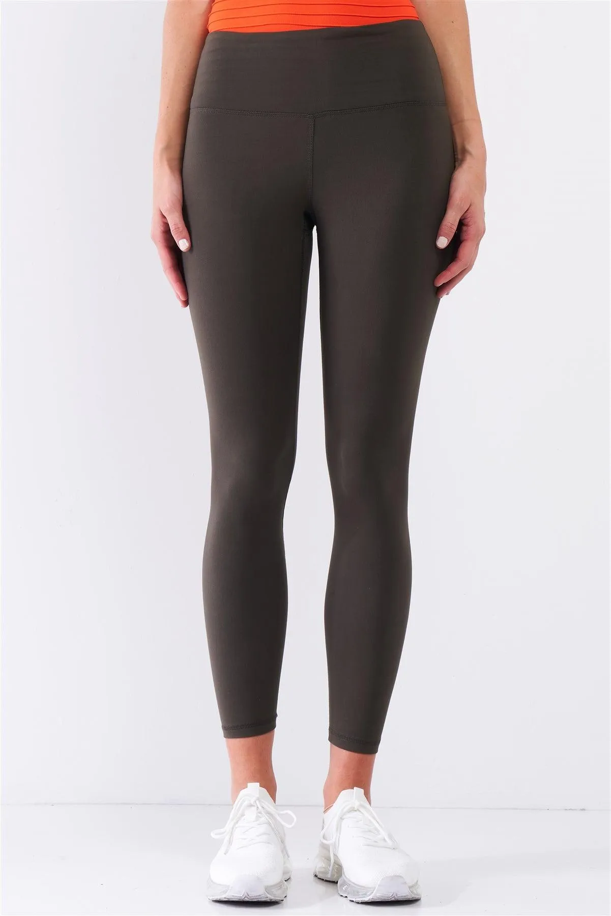 Olive Mid-Rise Inner Waist Pocket Detail Tight Fit Soft Yoga & Work Out Legging Pants /1-2-2-1