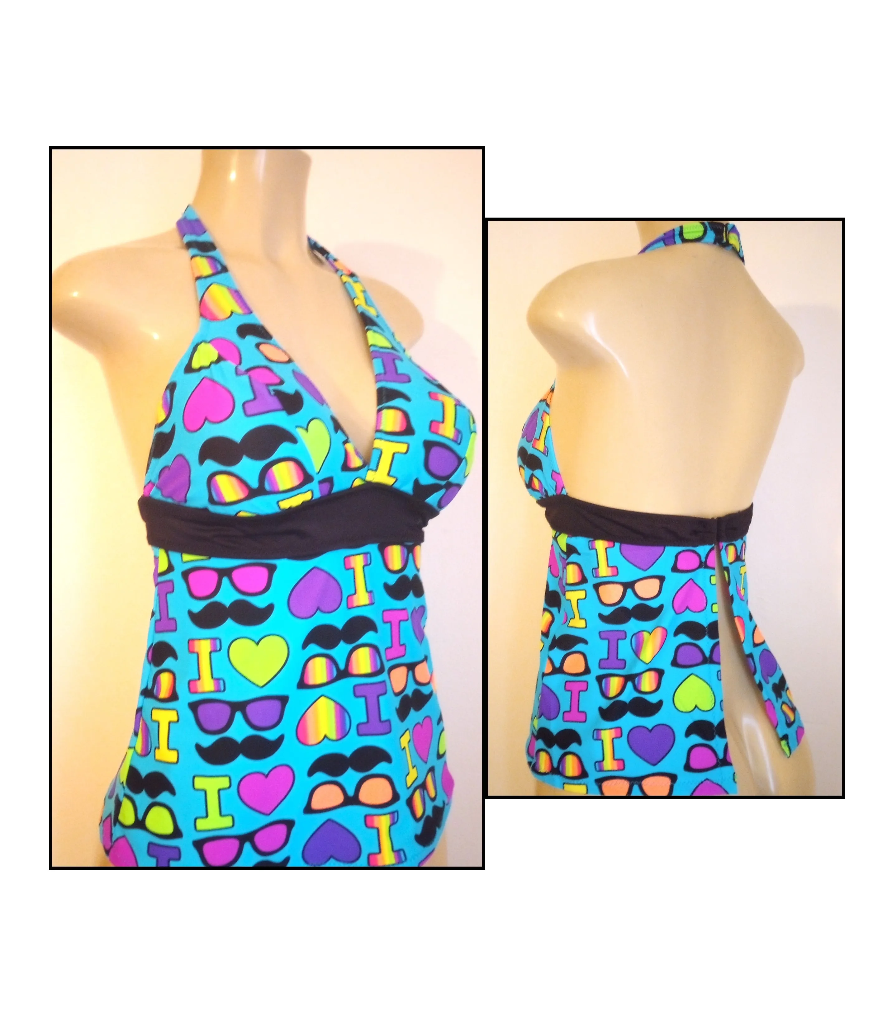 Open Back Halter Tankini Top Rib Band Swimsuit