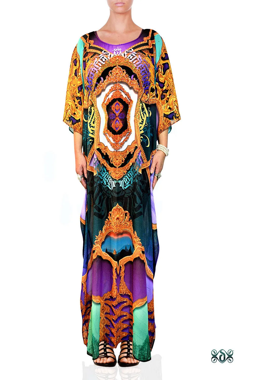 Ornate Calligraphy Kaftan, Long Georgette Kaftan, Crystals Embellished Caftan - 1121A