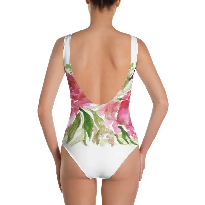 Pink Floral Women's Swimwear, Luxury Rose Flower One-Piece Swimsuit-Made in USA/EU