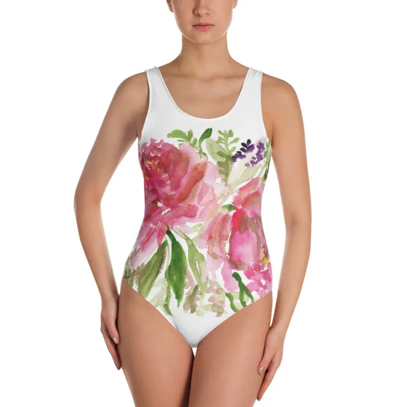 Pink Floral Women's Swimwear, Luxury Rose Flower One-Piece Swimsuit-Made in USA/EU