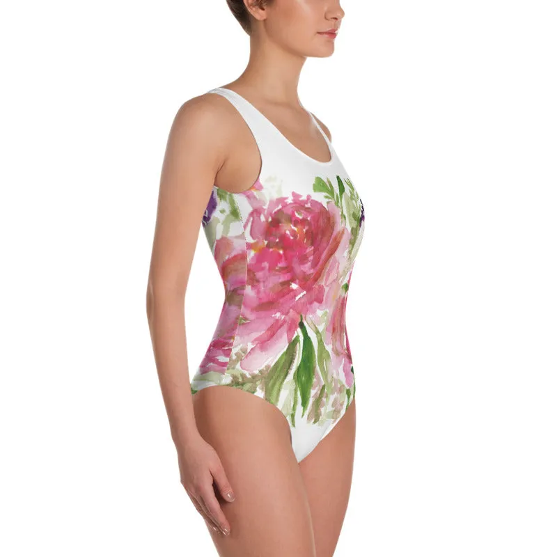 Pink Floral Women's Swimwear, Luxury Rose Flower One-Piece Swimsuit-Made in USA/EU