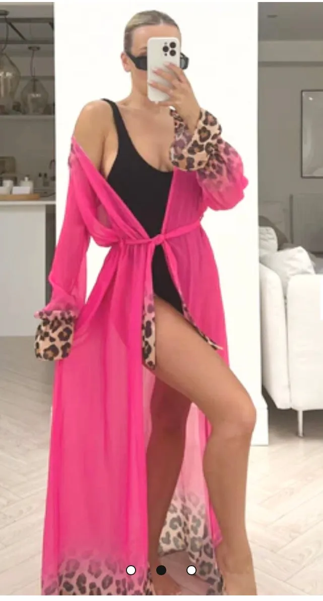 PINK LEOPARD PRINT LONG SLEEVE TIE WAIST KAFTAN