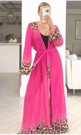 PINK LEOPARD PRINT LONG SLEEVE TIE WAIST KAFTAN