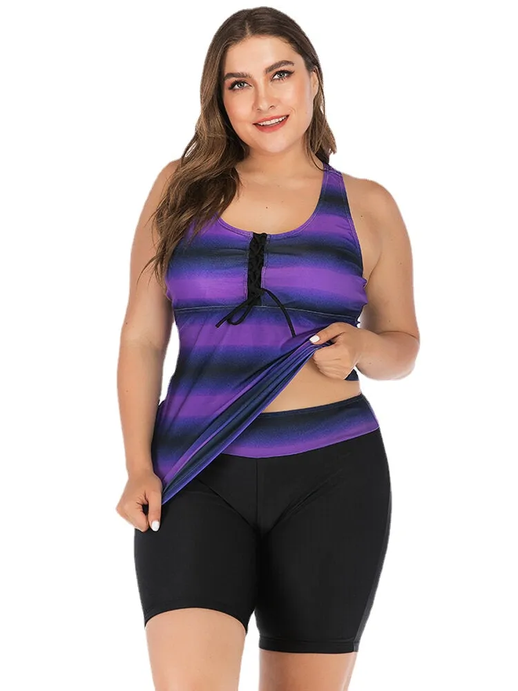 Plus Size Women Front Bandage Stripe Top Two-Piece Swimwear Cover Belly Tankinis