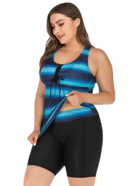 Plus Size Women Front Bandage Stripe Top Two-Piece Swimwear Cover Belly Tankinis