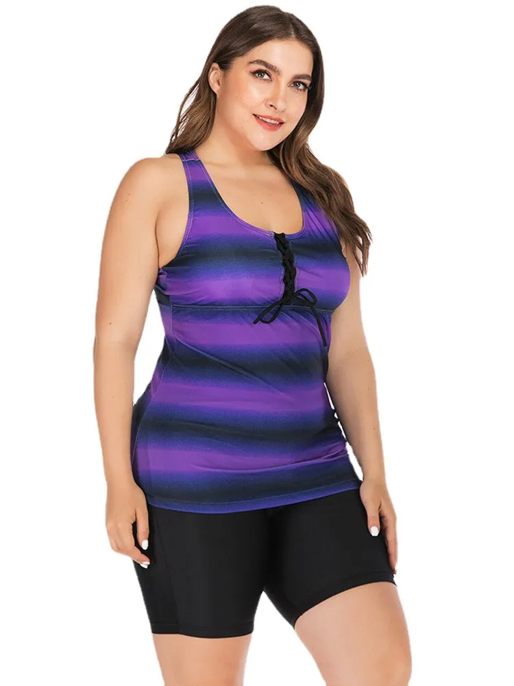 Plus Size Women Front Bandage Stripe Top Two-Piece Swimwear Cover Belly Tankinis