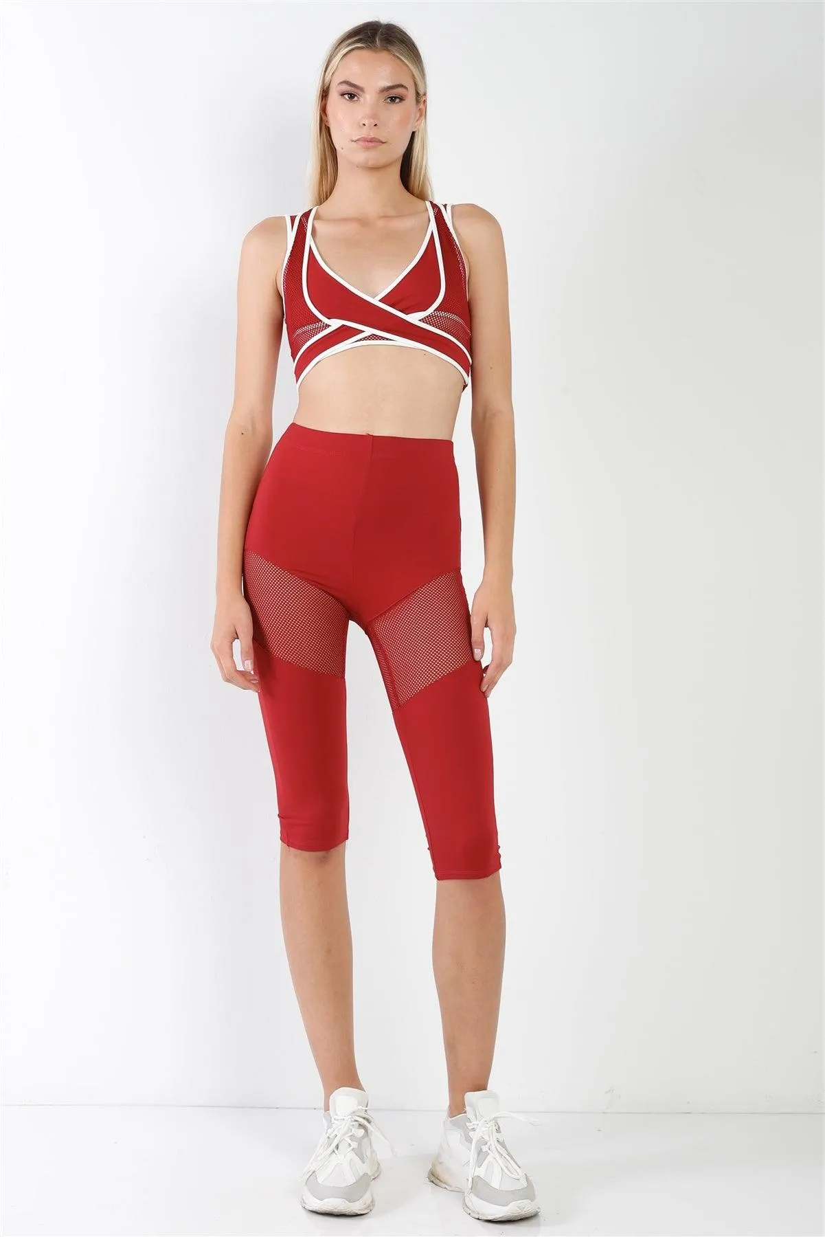 Red Combined Sheer Net Mesh Sleeveless Overlapping Racer Back Sports Bra Crop Top /1-2-2-2