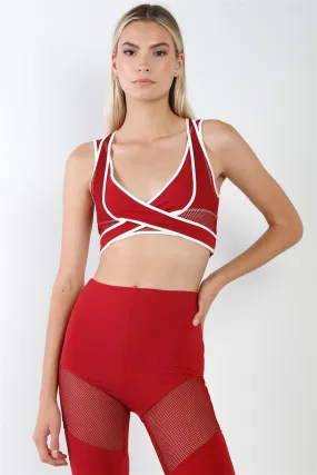 Red Combined Sheer Net Mesh Sleeveless Overlapping Racer Back Sports Bra Crop Top /1-2-2-2