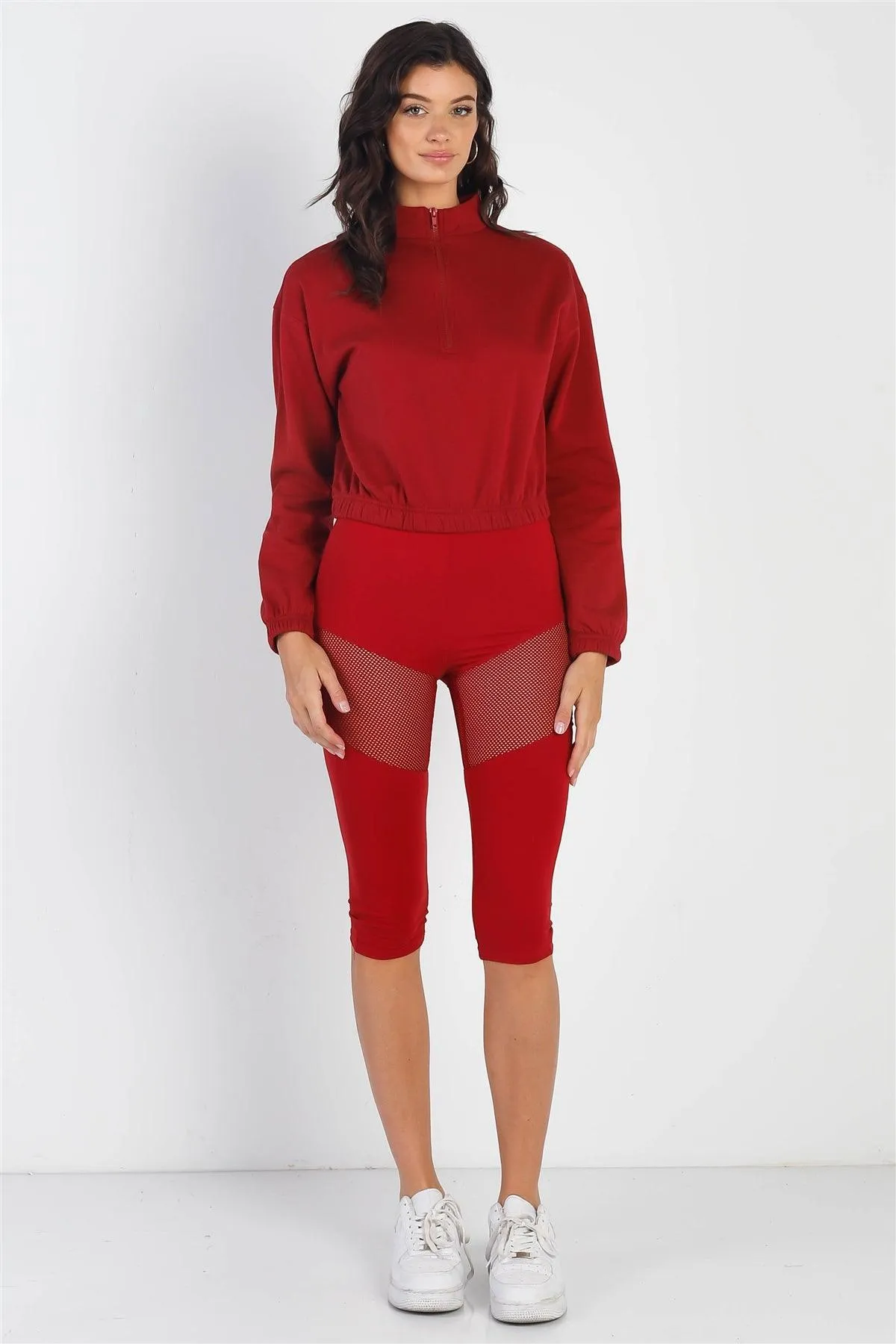 Red High Waist Sheer Mesh Cut-Ins Sports Midi Legging Pants