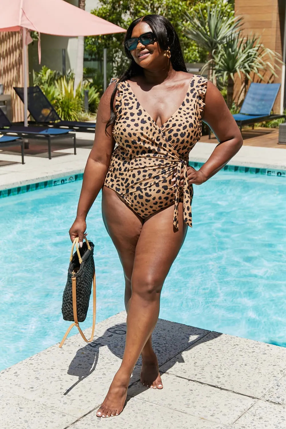 Ruffle Faux Wrap One-Piece in Leopard