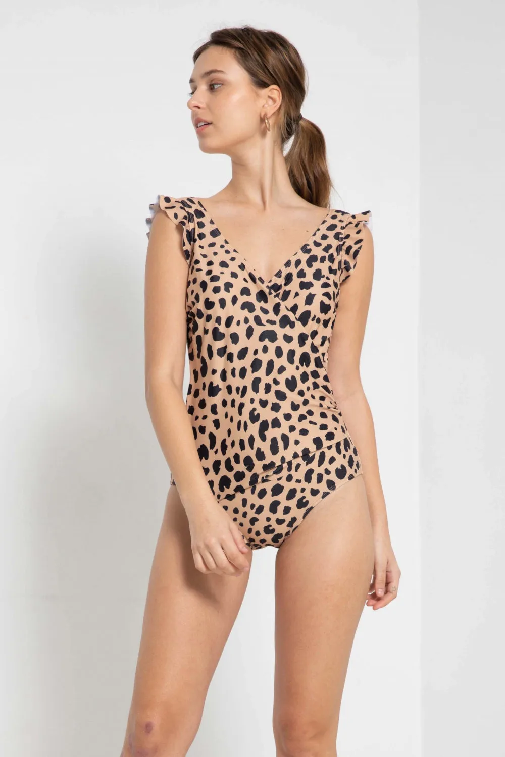 Ruffle Faux Wrap One-Piece in Leopard