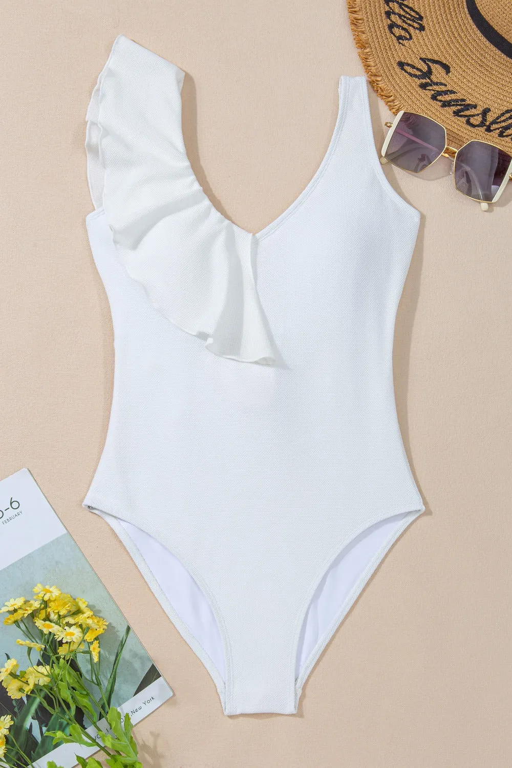 Ruffled V-Neck Wide Strap One-Piece Swimwear