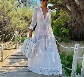 Sexy Lace Chiffon Beach Dress Women Bikini Swimsuit Cover Up Long Beach Dress Tunics Long Sleeves Beach Cover Up Robe De Plage