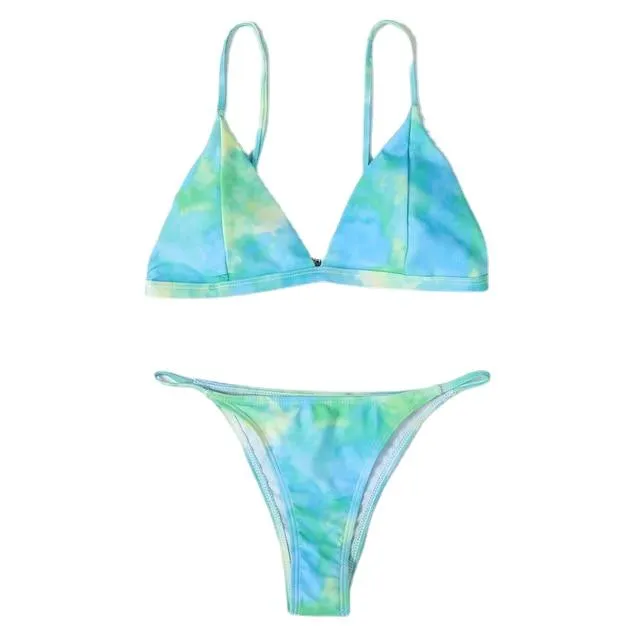 Sexy Women's Dye-print Brazilian Swimsuit With Mini Thong & Thin Strap Bra