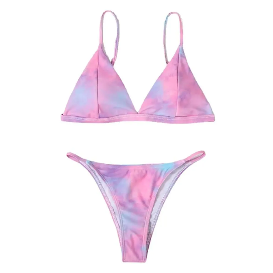 Sexy Women's Dye-print Brazilian Swimsuit With Mini Thong & Thin Strap Bra