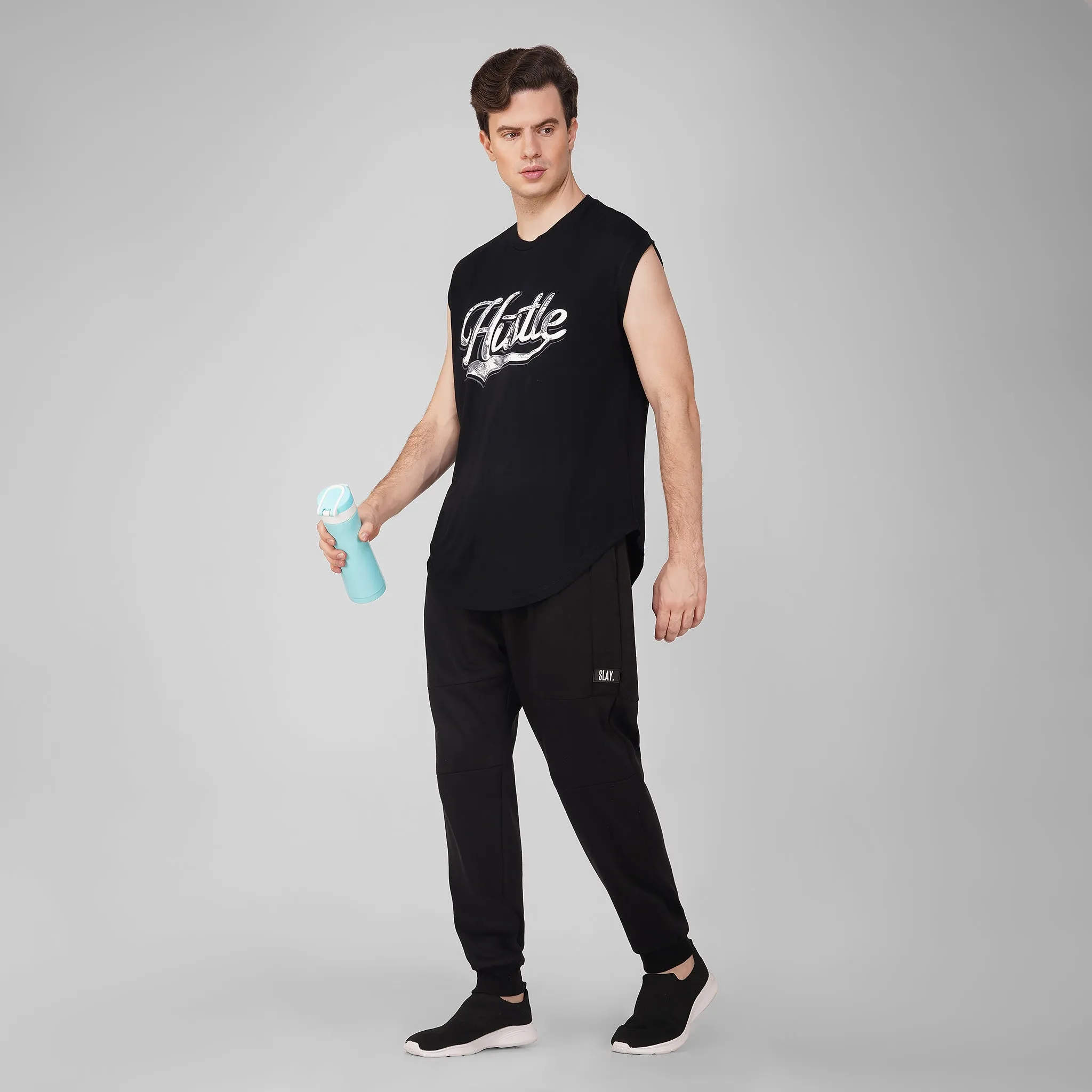 SLAY. Men's Hustle Printed Sleeveless Black Dropcut T-Shirt