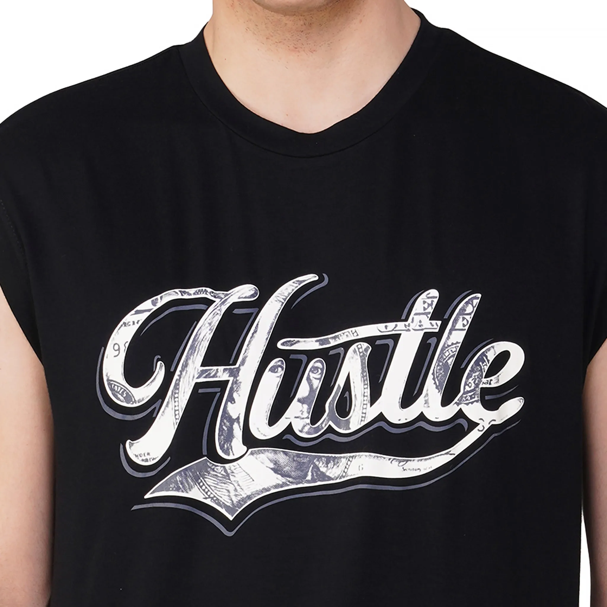 SLAY. Men's Hustle Printed Sleeveless Black Dropcut T-Shirt